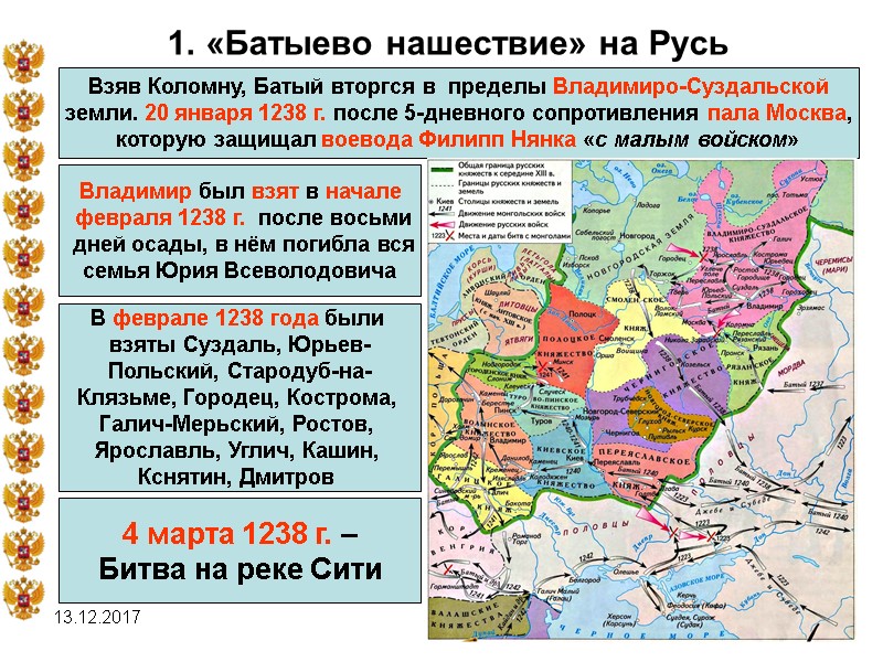 13.12.2017 1. «Батыево нашествие» на Русь Взяв Коломну, Батый вторгся в  пределы Владимиро-Суздальской